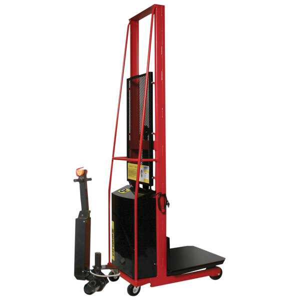 A red and black Wesco Hydraulic Power Lift Platform Stacker.