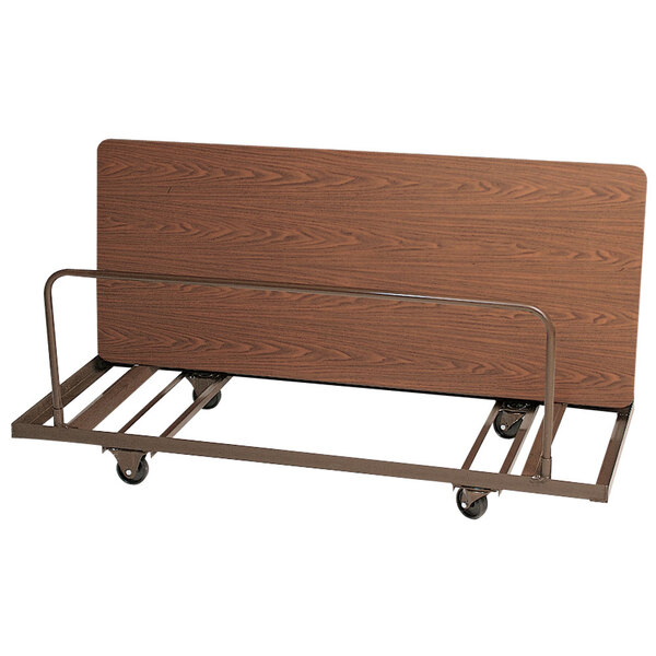 A brown wood and metal Correll table on wheels.
