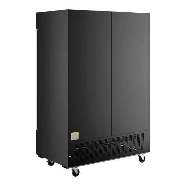 A large black indoor ice merchandiser with double doors and wheels for mobility.