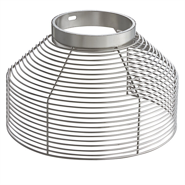 A silver metal bowl guard with a handle and wire mesh.