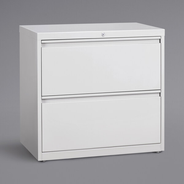 A Hirsh Industries white two-drawer lateral file cabinet.