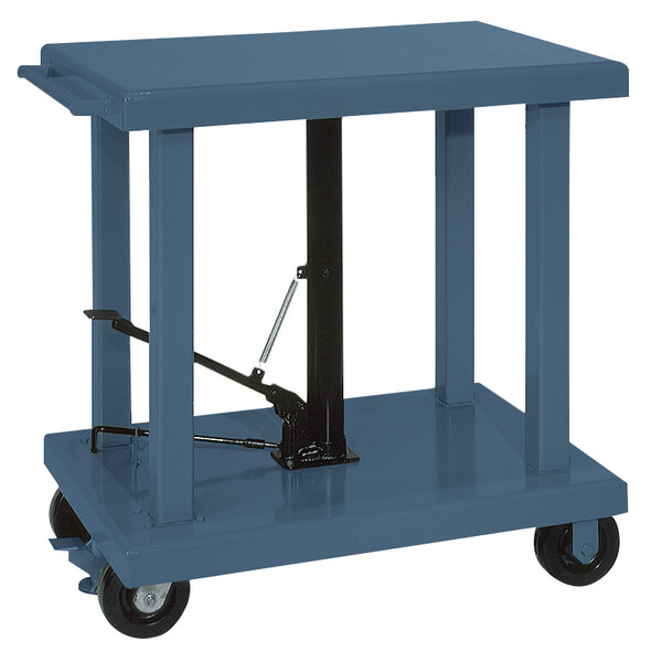 A blue metal lift table with swivel casters.