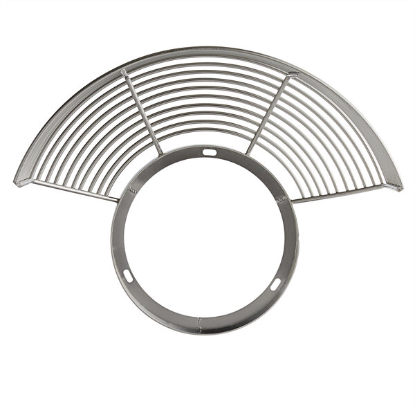 A metal bowl guard door with a circular design.