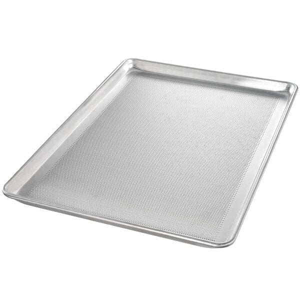 A Chicago Metallic wire-in-rim perforated aluminum sheet pan.