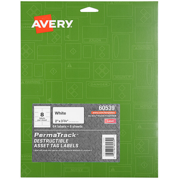 A green package of white Avery Destructible Asset Labels with white text and symbols.