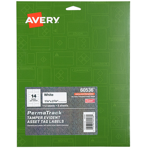 A package of Avery PermaTrack tamper-evident asset labels with a green and white label.