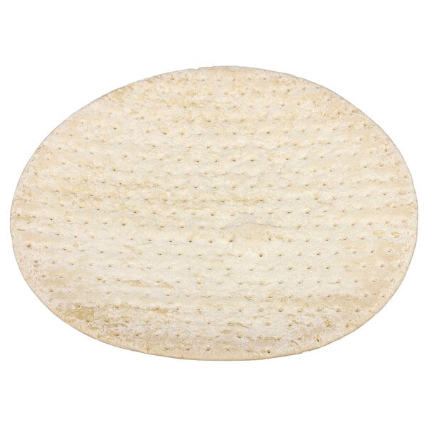A round white Rich's par-baked pizza crust with a textured surface and holes.