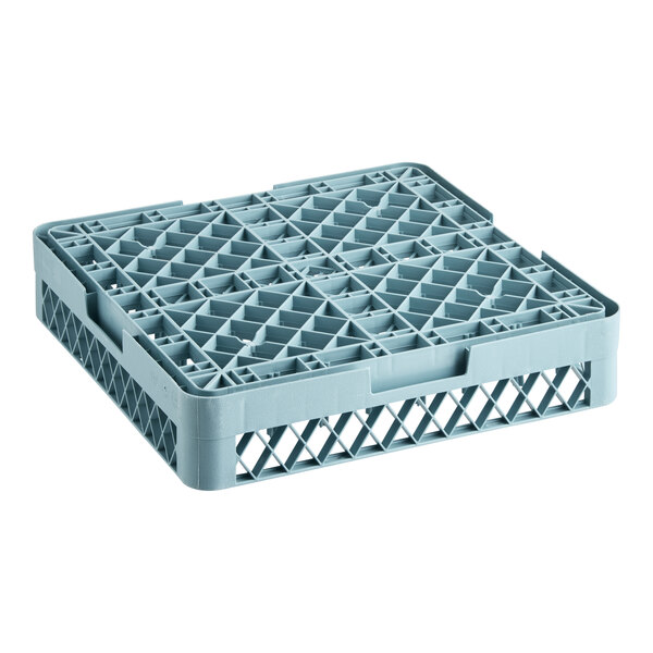 A blue plastic full-size all purpose peg rack with open sides for warewashing.