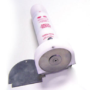 A white cylinder with silver and red labels and a metal blade inside.