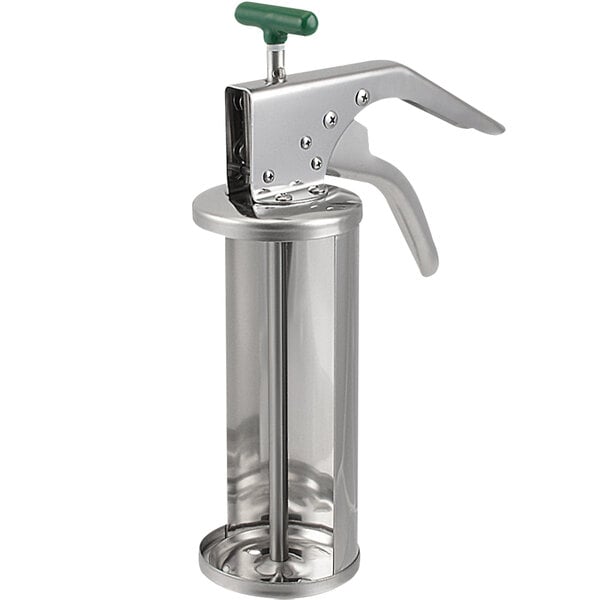 A stainless steel sauce gun with a green handle.