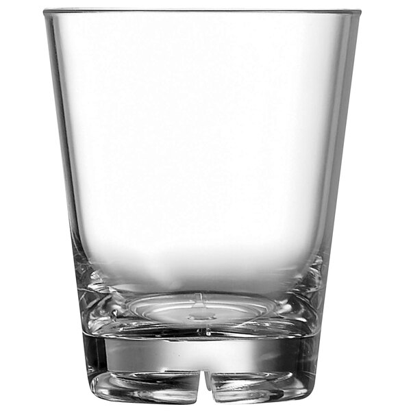 An Arcoroc clear plastic double rocks glass.