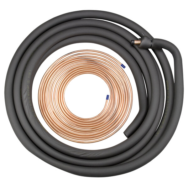 A coiled black tube with copper wire.