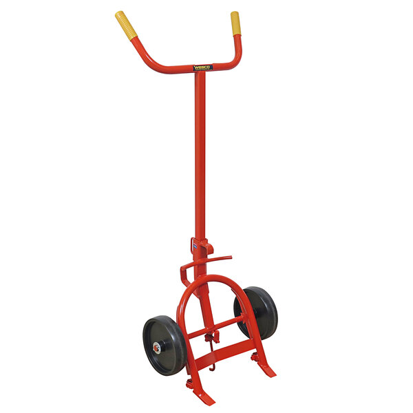 A red Wesco Industrial Products steel drum hand truck with black wheels and a handle.