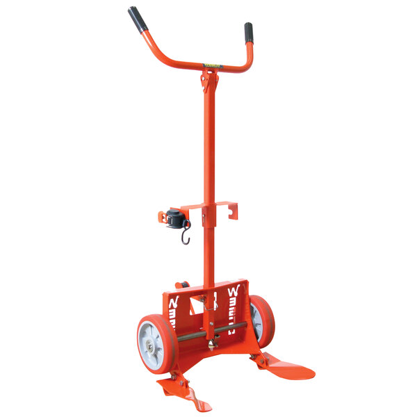 A Wesco red poly drum hand truck with wheels.