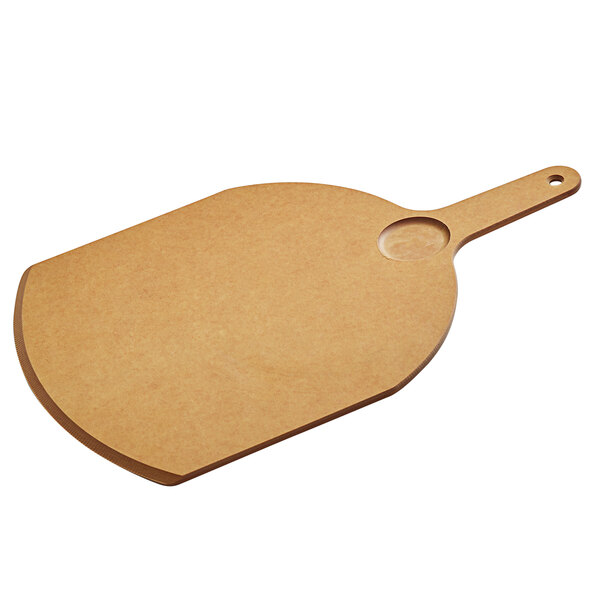 A brown Richlite wood pizza peel with a handle and a circular well.