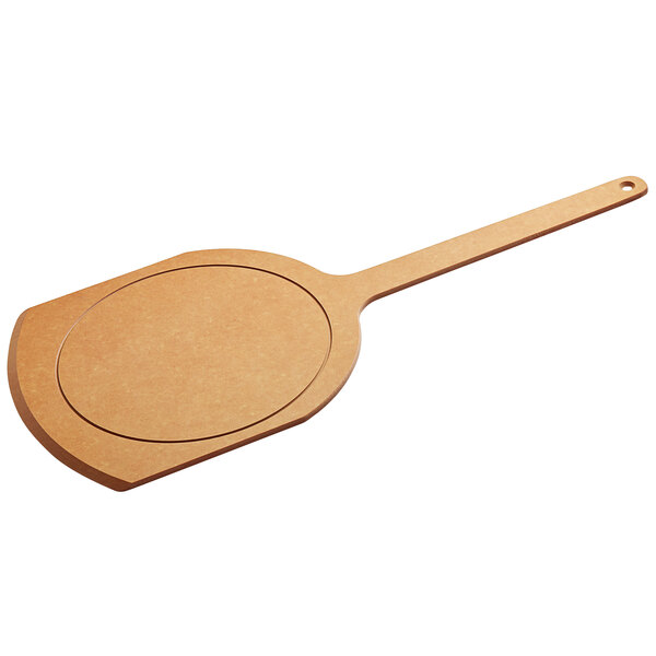 A brown Tomlinson Richlite wood pizza peel with a handle.