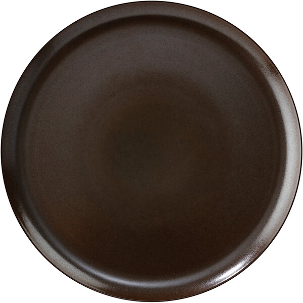A brown coupe plate with a dark circle and a brown rim.