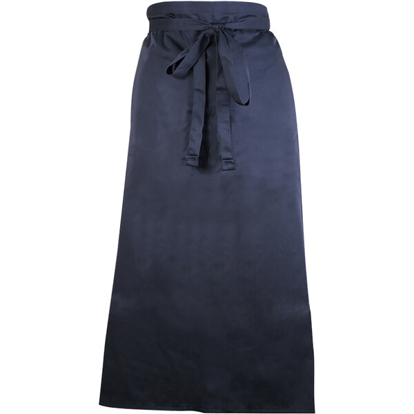 A navy blue Mercer Culinary bistro apron with a tie.