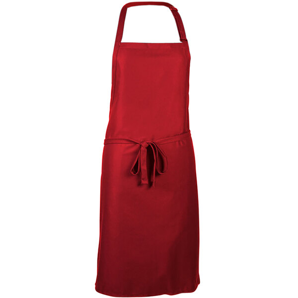 A red apron with a black tie.