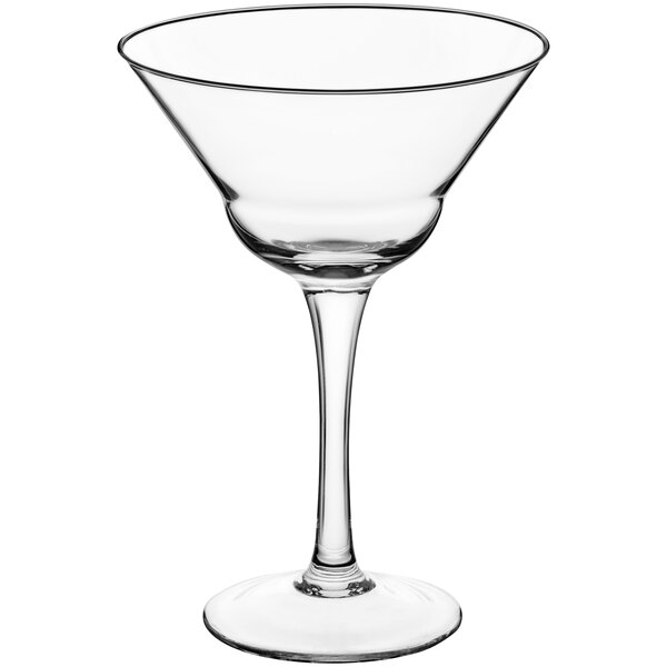 An Acopa martini glass with a clear stem and rim.