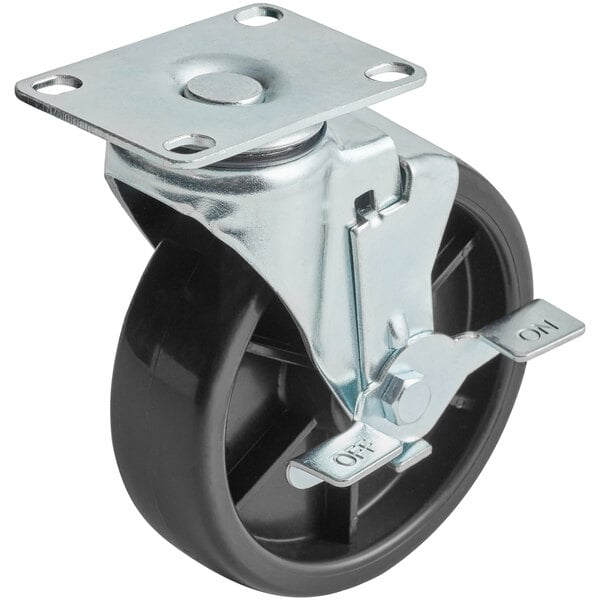 A black swivel plate caster with a silver metal wheel and brake.
