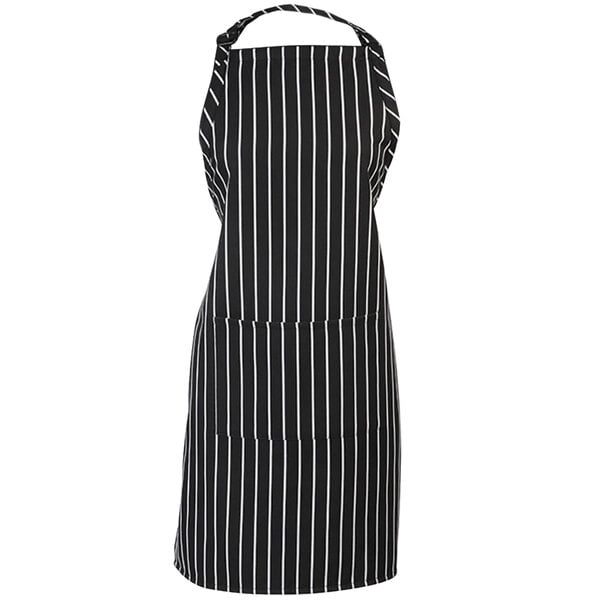 A black and white striped Mercer Culinary Genesis bib apron.