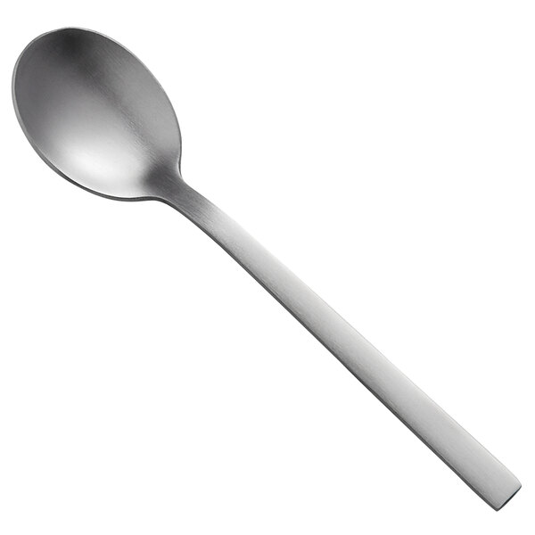 The handle of a Libbey Elexa Satin stainless steel demitasse spoon with a silver finish.