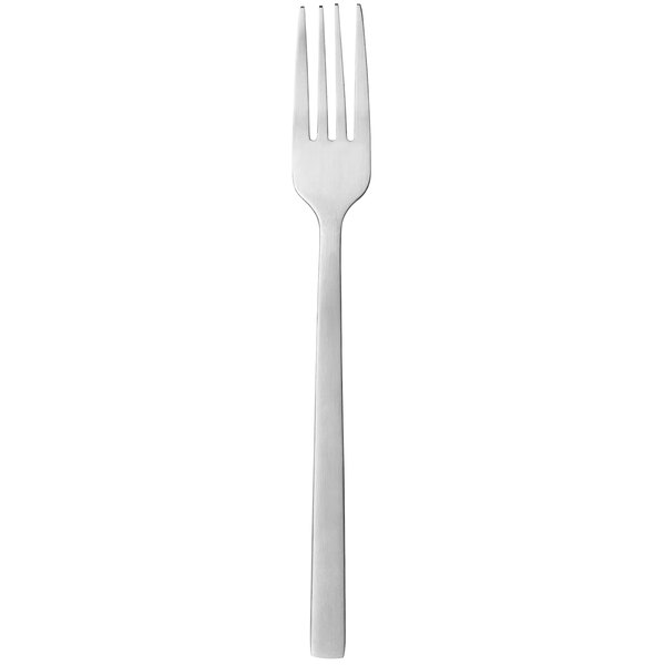 A close-up of a Libbey Elexa Satin stainless steel utility/dessert fork with a white handle.