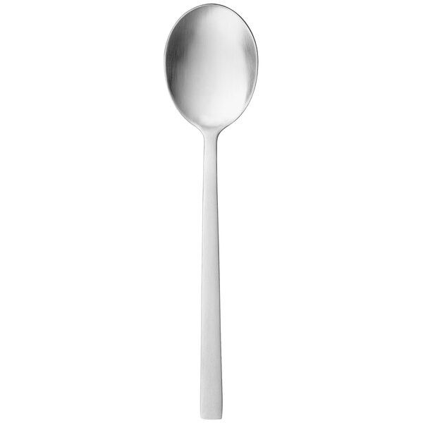A stainless steel Libbey Elexa Satin teaspoon with a white handle and silver spoon.