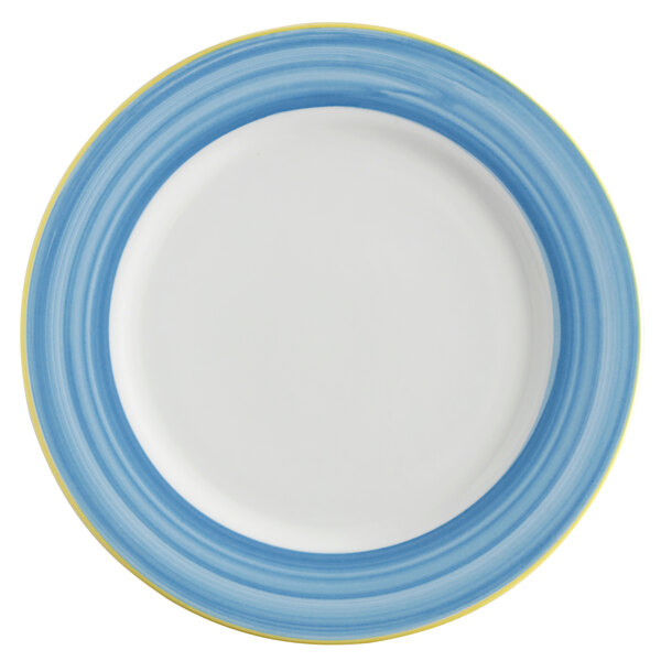 Corona by GET Enterprises PA1601902912 Calypso 12 1/4" Bright White Porcelain Rolled Edge Plate with Blue and Yellow Rim - 12/Case
