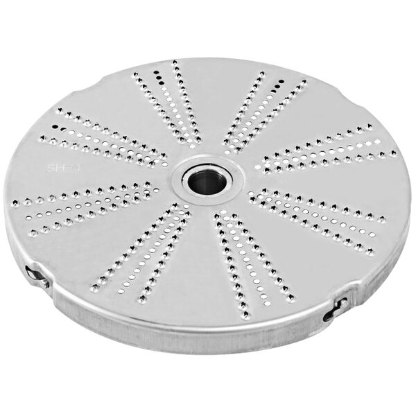 A silver Sammic SH-1+ grating / shredding disc with holes.
