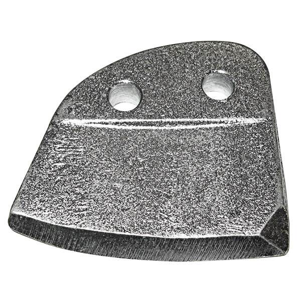 A metal replacement blade for a drum deheader with holes in it.