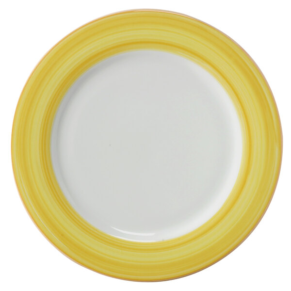 Corona by GET Enterprises PA1600902912 Calypso 12 1/4" Bright White Porcelain Rolled Edge Plate with Yellow and Coral Rim - 12/Case