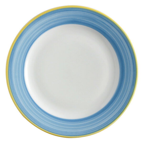 Corona by GET Enterprises PA1601902524 Calypso 10" Bright White Porcelain Rolled Edge Plate with Blue and Yellow Rim - 24/Case