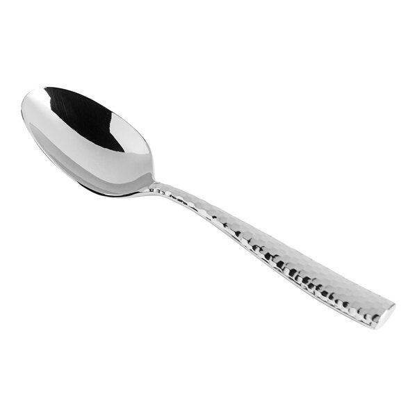 A Fortessa Lucca stainless steel coffee spoon with a faceted handle.