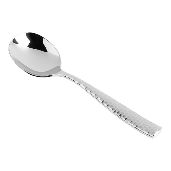 A Fortessa Lucca stainless steel bouillon spoon with a faceted handle.