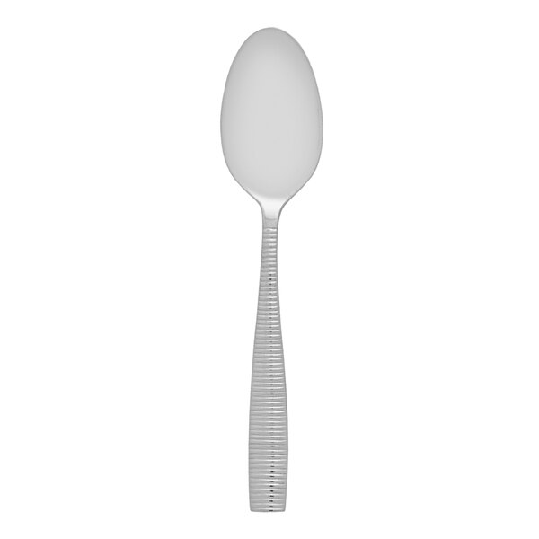 A Fortessa stainless steel coffee spoon with a white handle.