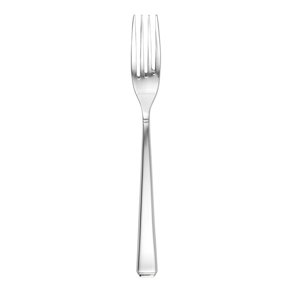 A close up of a Fortessa stainless steel salad/dessert fork with a silver handle.