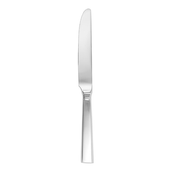 A silver knife with black lines on the handle.