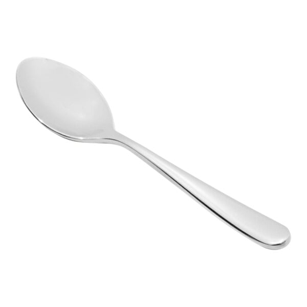 A close-up of a Fortessa Grand City stainless steel demitasse spoon with a silver handle.