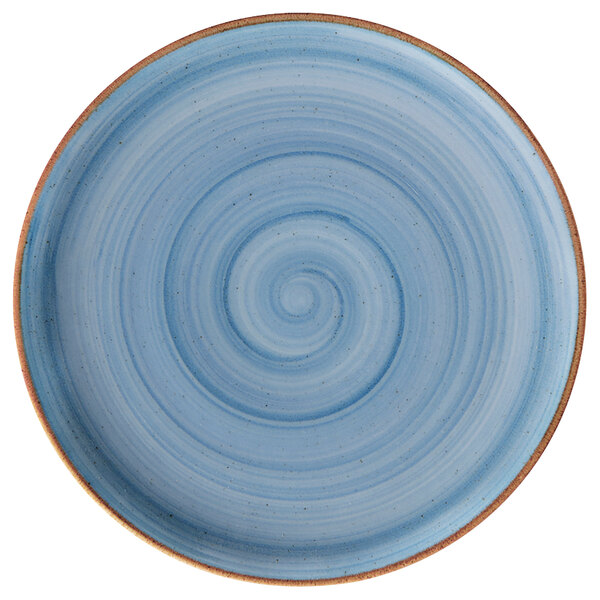 A blue porcelain coupe plate with a blue and white swirl design.