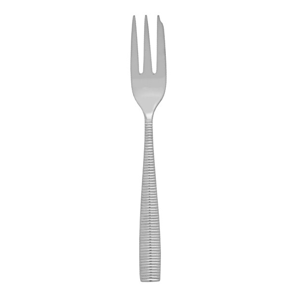 A Fortessa Ringo stainless steel fork with a curved silver handle.