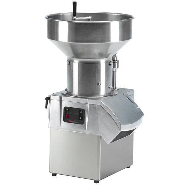 A Sammic stainless steel food processor with a bowl attached.
