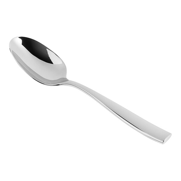 A close-up of a Fortessa Lucca stainless steel dessert/soup spoon with a silver handle.