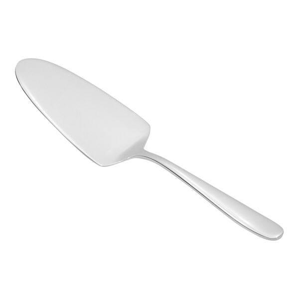 A silver cake server with a white background.