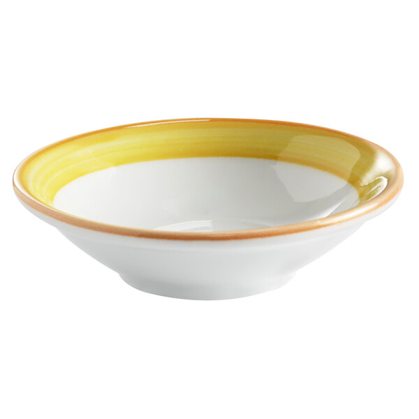 Corona by GET Enterprises PA1600703024 Calypso 4 oz. Bright White Porcelain Monkey Dish with Yellow and Coral Rim - 24/Case
