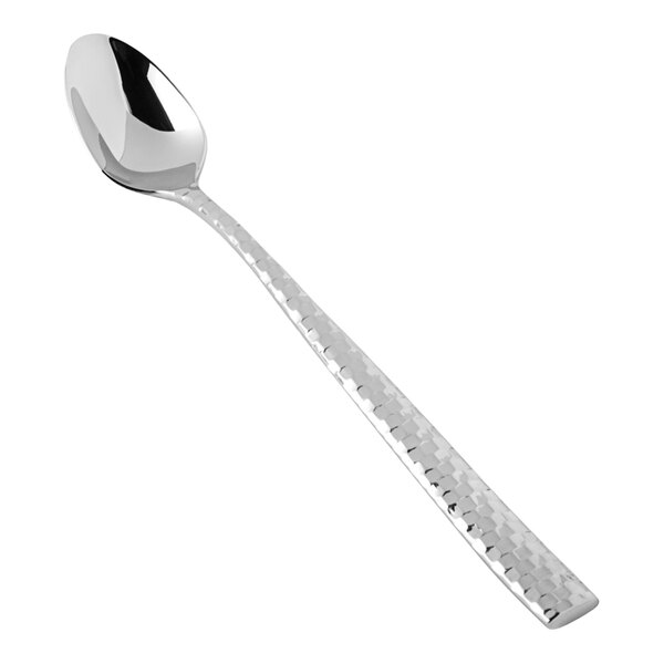 A Fortessa Lucca stainless steel iced tea spoon with a faceted handle.
