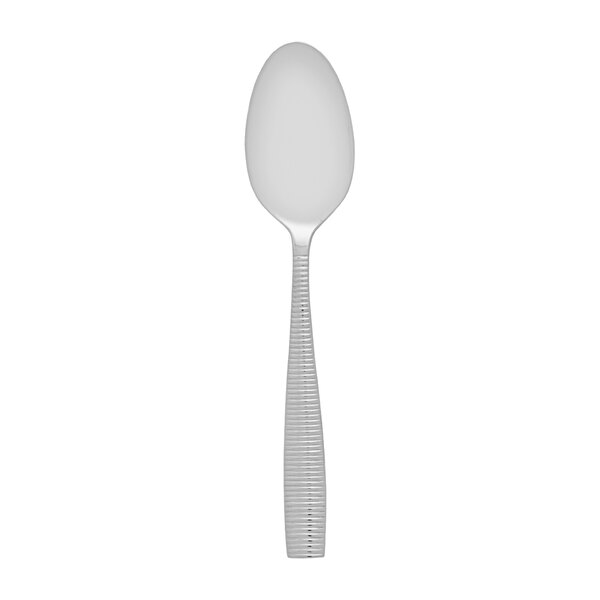 A Fortessa stainless steel dinner spoon with a curved handle on a white background.