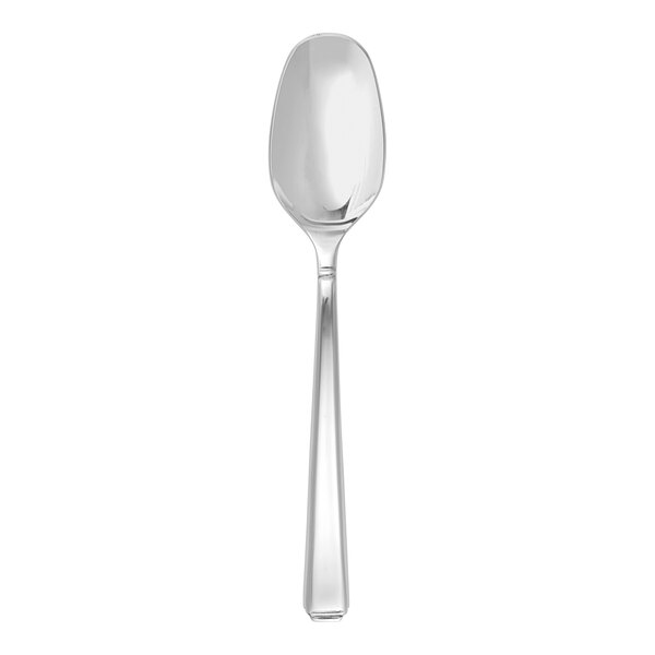 A close-up of a Fortessa Scalini stainless steel dessert/soup spoon with a white handle and silver accents.