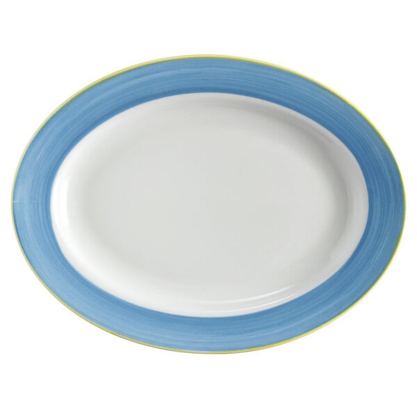 Corona by GET Enterprises PA1601907612 Calypso 10" x 7 1/2" Bright White Rolled Edge Porcelain Oval Platter with Blue and Yellow Rim - 12/Case